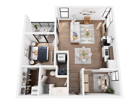 A top down view of a modern apartment layout with a kitchen, living room, dining room, and bathroom.